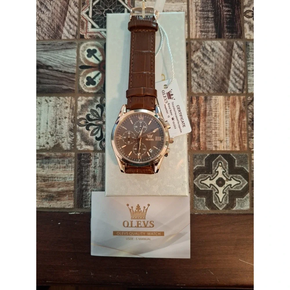 NIB OLEVS 2872G Mens Chrono,Quartz Movement Watch. Brown Dial& Strap. Stainless.